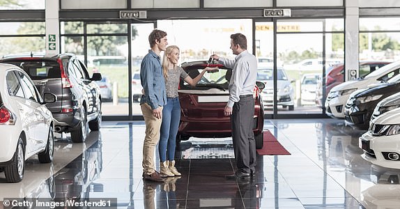 young couple buying a new car