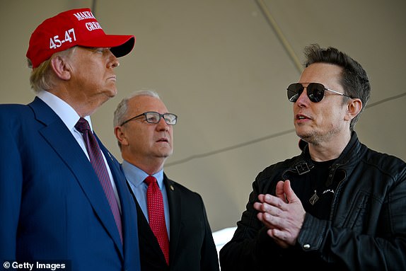 BROWNSVILLE, TEXAS - NOVEMBER 19: U.S. President-elect Donald Trump speaks alongside Elon Musk (R) and Senate members including Sen. Kevin Cramer (R-ND (C) before attending a viewing of the launch of the sixth test flight of the SpaceX Starship rocket on November 19, 2024 in Brownsville, Texas. SpaceX's billionaire owner, Elon Musk, a Trump confidante, has been tapped to lead the new Department of Government Efficiency alongside former presidential candidate Vivek Ramaswamy. (Photo by Brandon Bell/Getty Images)