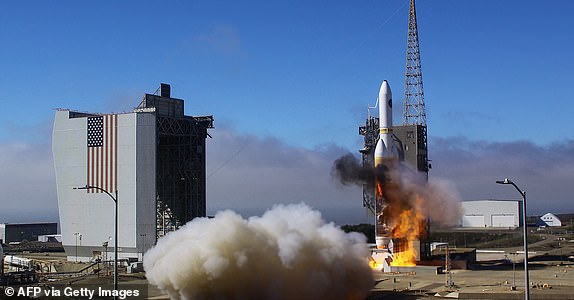 A United Launch Alliance Delta 4 Heavy blasts off from Vandenberg Space Force Base, California as it launches a spy satellite on it's final flight from California, September 24, 2022. - Todays final mission, dubbed, NROL-91, lofted a top-secret spy satellite for the National Reconnaissance Office. (Photo by Matt Hartman / AFP) (Photo by MATT HARTMAN/AFP via Getty Images)